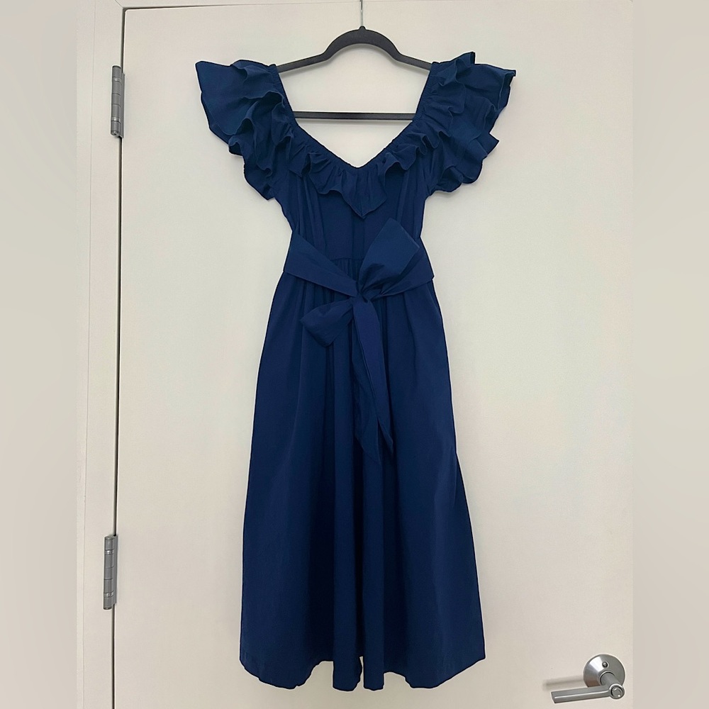 Hill House Home AVA dress Midi NAVY S/4 Worn 2x Ruffle Smocked Poplin Cotton